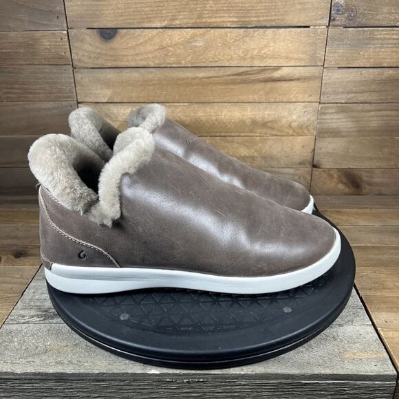 Olukai Malua Hulu Sneaker Bootie Womens Sz 7.5 Brown Leather Shearling Slip-On - Picture 1 of 10